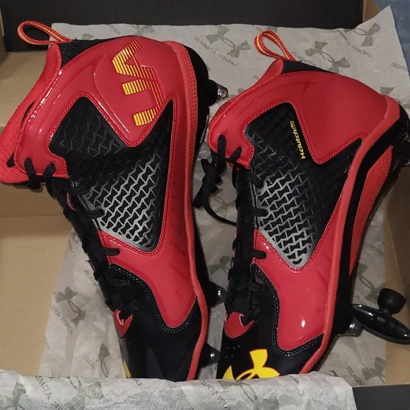 Under Armour Men's Football Cleats- Size 13.5 (color- Black/Red/Yellow) - Picture 2 of 9